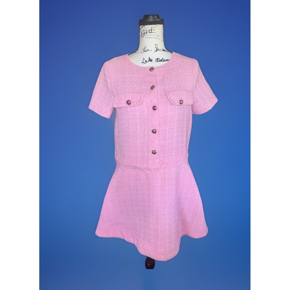 Sunday Up Pink Textured Tweed Mini Dress Small 60s Look Pockets